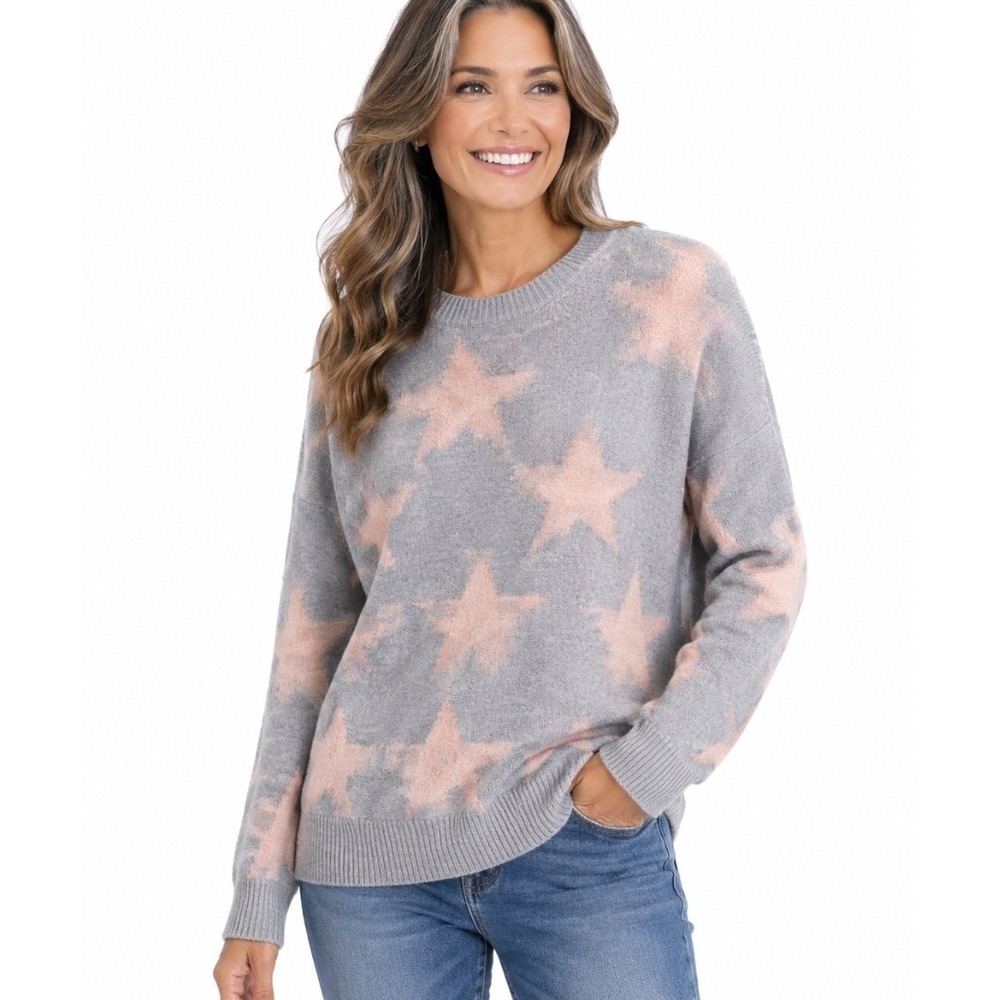 Macaron Gray Pink Star Print Knit Crewneck Sweater Pullover Small 053 bin